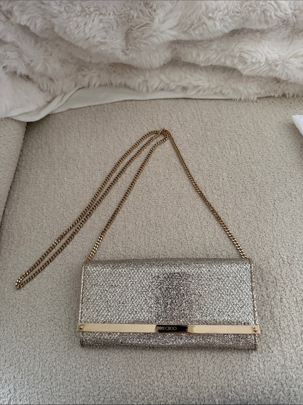 Jimmy Choo Silver Glitter Chain Shoulder Clutch